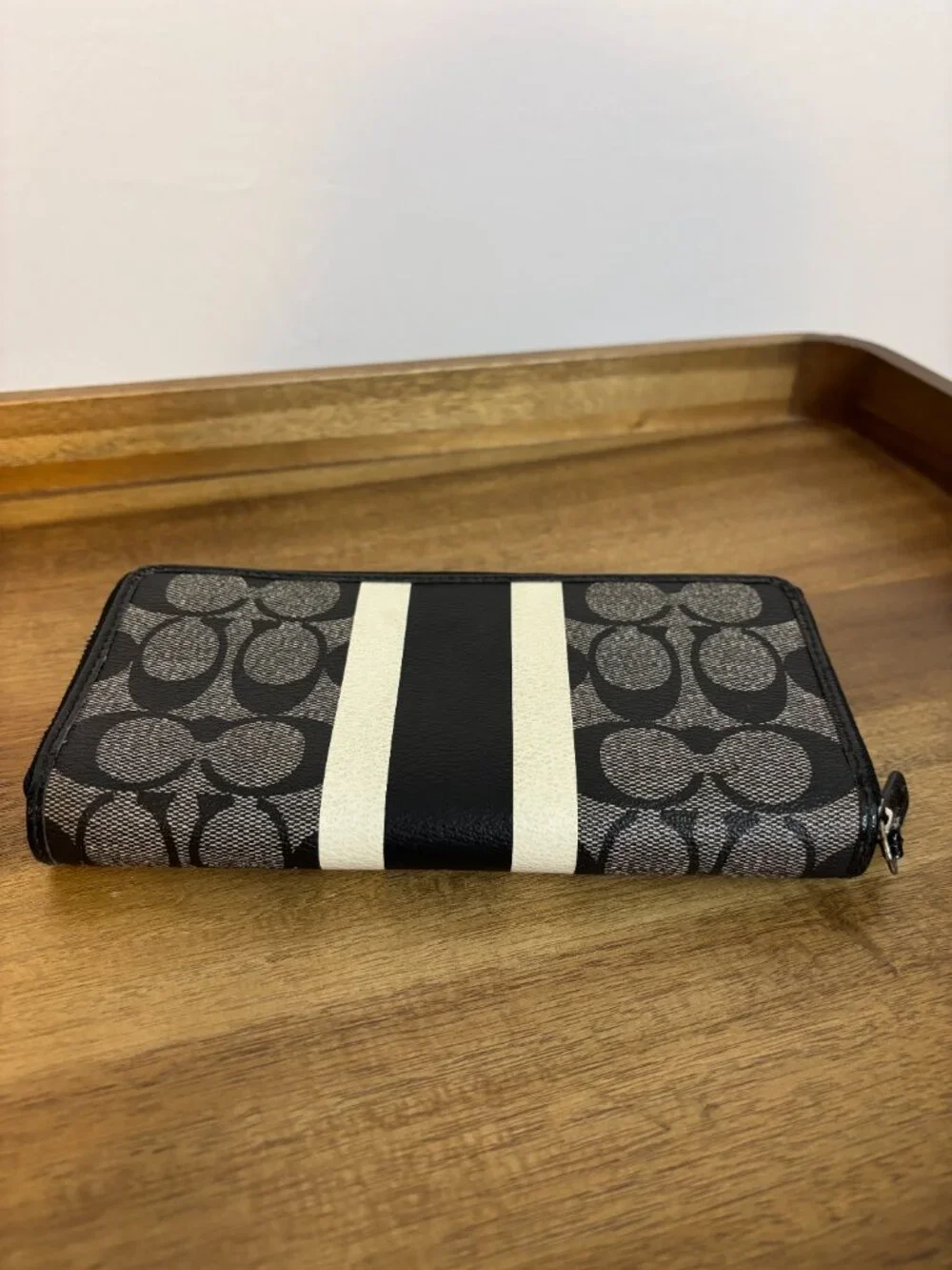 Coach Black Signature White Black Stripe Zip Around Accordion Wallet